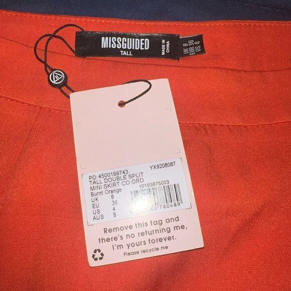 NWT Missguided tall Tailored Double Split slit Mini Skirt orange size 4 - Picture 4 of 4